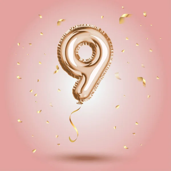 Elegant Pink Greeting celebration nine years birthday Anniversary number 9 foil gold balloon. Happy birthday, congratulations poster. Golden numbers with sparkling golden confetti. Vector