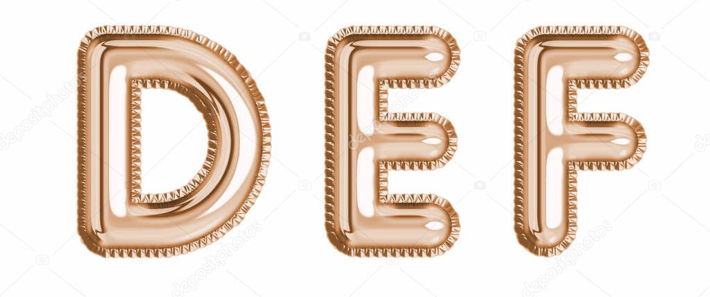 Gold foil balloon alphabet set letter D, E, F realistic 3d illustration metallic pink gold air balloon. Collection of balloon alphabet ready to use in headlines, greeting, celebration vector eps