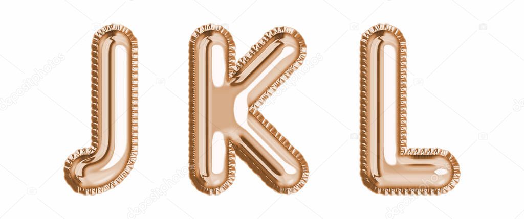 Gold foil balloon alphabet set letter J, K, L realistic 3d illustration metallic pink gold air balloon. Collection of balloon alphabet ready to use in headlines, greeting, celebration vector eps