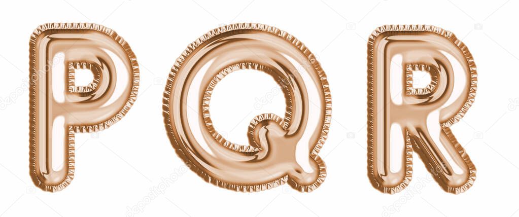 Gold foil balloon alphabet set letter P, Q, R realistic 3d illustration metallic pink gold air balloon. Collection of balloon isolated ready to use in headlines, greeting, celebration vector eps