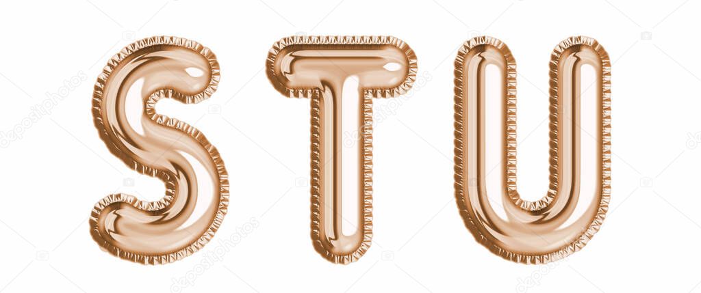 Gold foil balloon alphabet set letter S, T, U realistic 3d illustration metallic pink gold air balloon. Collection of balloon isolated ready to use in headlines, greeting, celebration vector eps