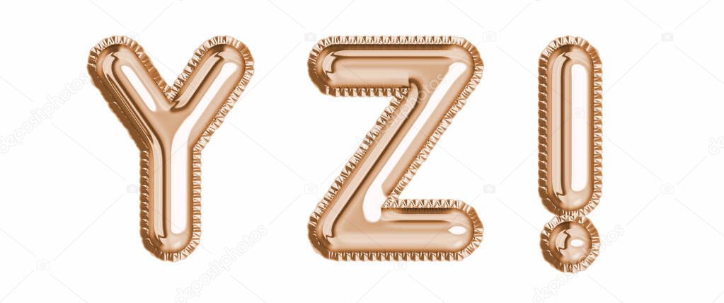 Gold foil balloon alphabet set letter Y, Z, exclamation mark realistic 3d illustration metallic pink gold air balloon. Collection of balloon isolated ready to use in headlines, greeting, celebration