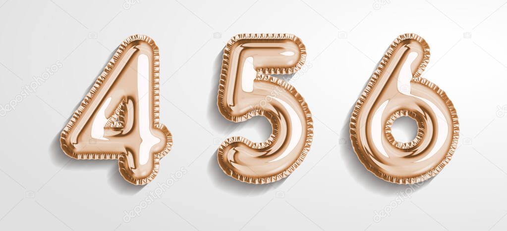 Soft rose Gold balloon number 4, 5, 6 realistic 3d render air balloon. Collection of balloons number ready to use. Holiday and party. 3d vector icon set. Foil balloon number zero isolated on white