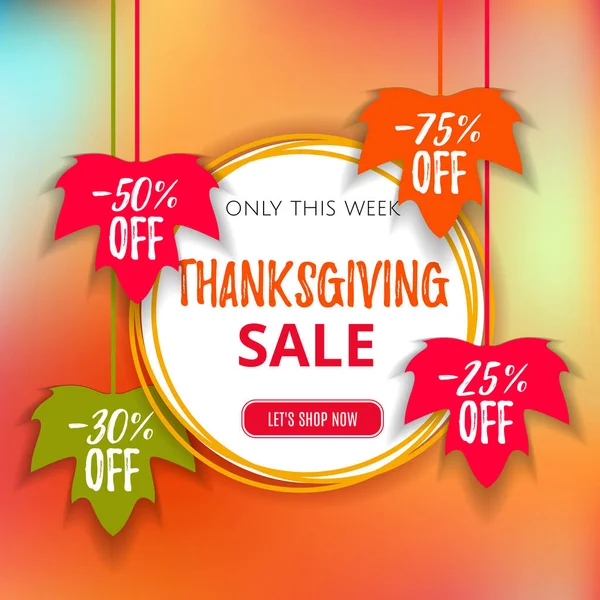 Autumn Thanksgiving  sale poster of discount promo web banner for fall seasonal shopping  with hanging maple leaf. Vector fall leaf sale tags for Shop market poster design. Offer template advertising