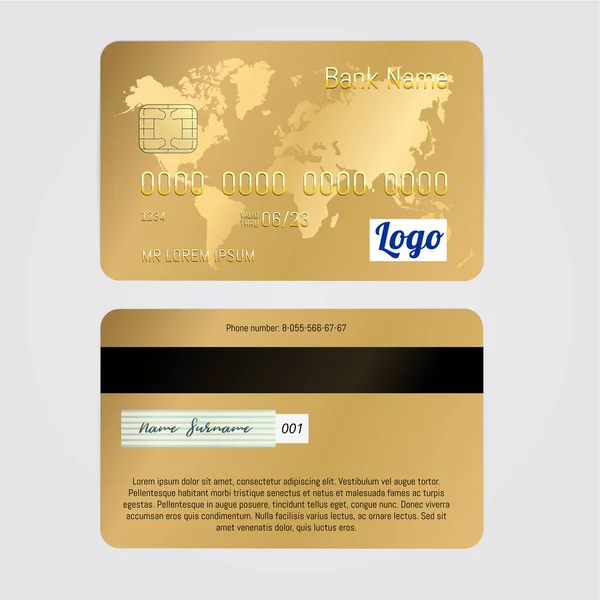 Realistic Vector Golden Banking Card Dois Lados Isolados Fundo Branco — Vetor de Stock