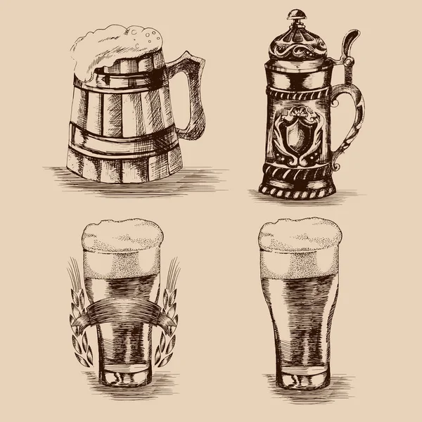 Beer Set Sketch Elements Oktoberfest Festival Retro Hand Drawn Vector — Stock Vector