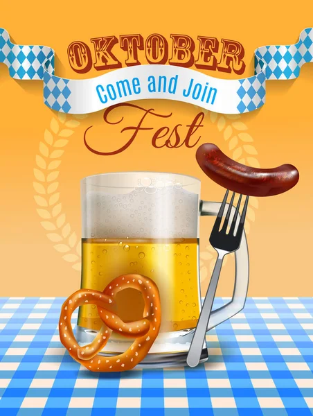 Cartel Del Festival Cerveza Oktoberfest Con Taza Cerveza Realista Pretzel — Vector de stock