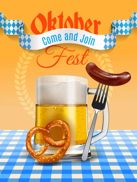 Affiche Festival Bière Oktoberfest Avec Tasse Bière Réaliste Bretzel Saucisse — Image vectorielle