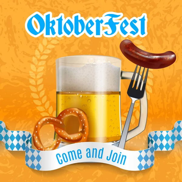 Affiche Festival Bière Oktoberfest Avec Tasse Bière Réaliste Bretzel Saucisse — Image vectorielle