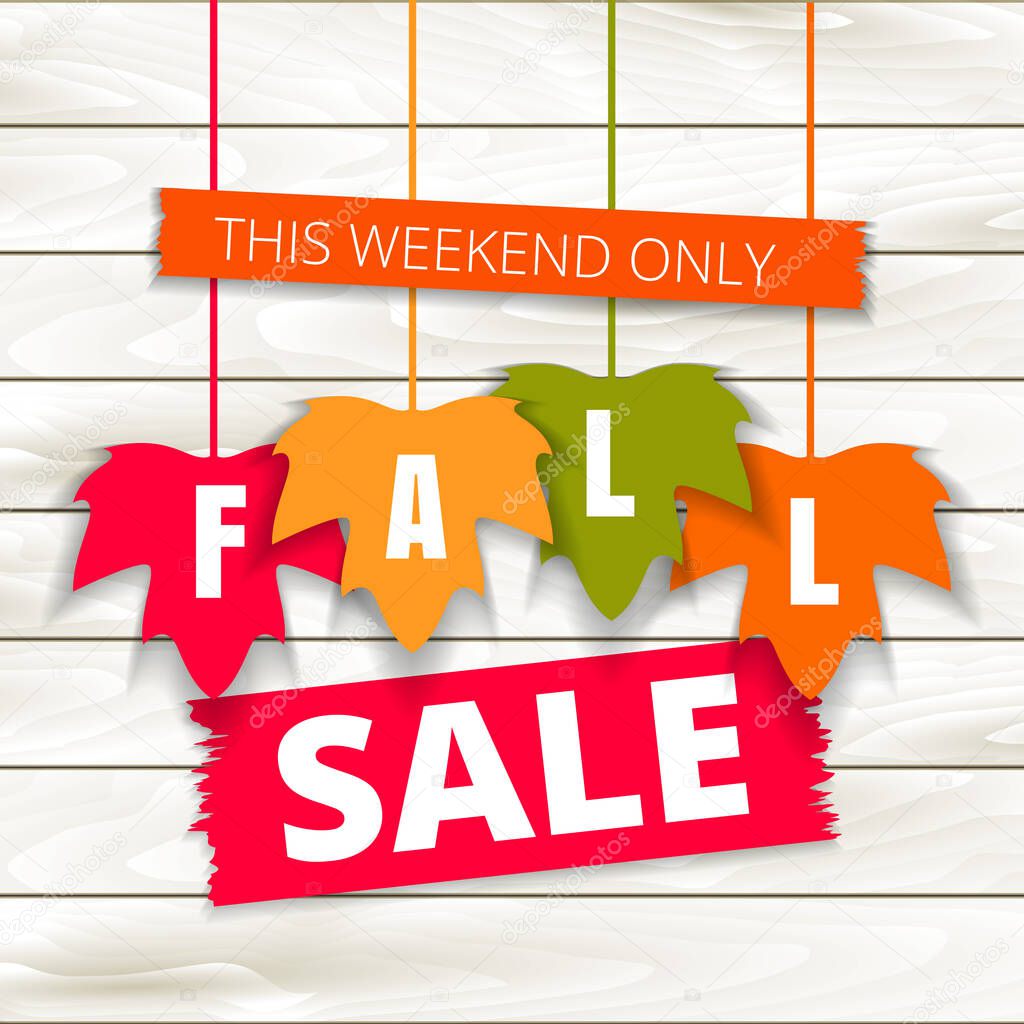 Autumn sale poster of discount promo web banner for fall seasonal shopping with hanging maple leaf. Vector fall leaf sale tags for Shop market poster design. Offer template advertising.