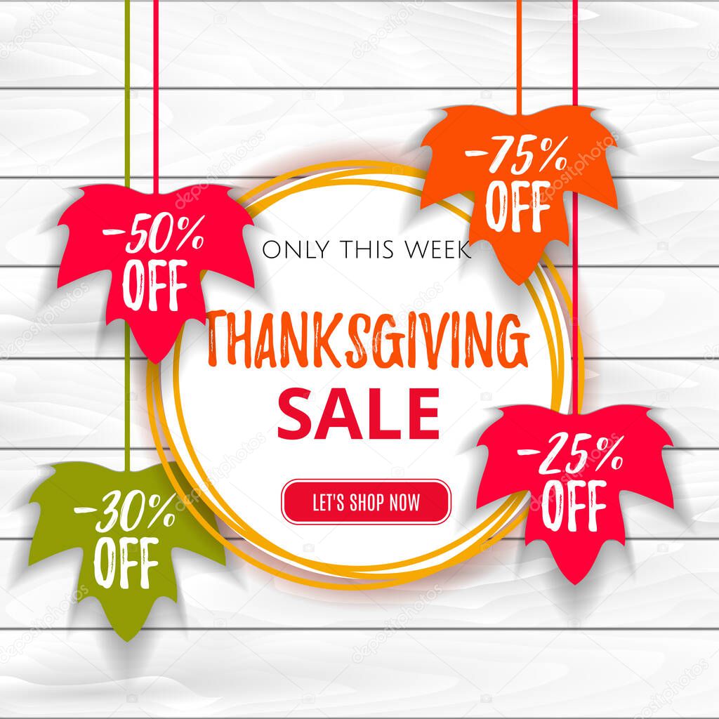 Autumn Thanksgiving  sale poster of discount promo web banner for fall seasonal shopping with hanging maple leaf . Vector fall leaf sale tags for Shop market poster design. Offer template advertising