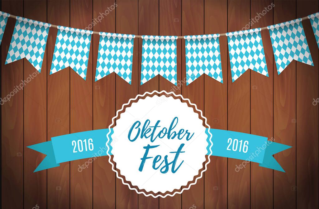 Oktoberfest garlands having blue-white checkered pattern and lettering Oktoberfest with ribbon on a wooden background. Bavarian beer fest background celebrate with beautiful realistic garland. Vector