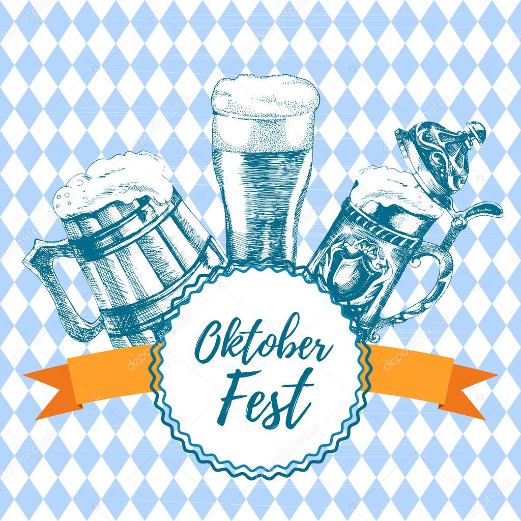 Oktoberfest icon. Drink menu. Vector illustration with beer mug, glass oktoberfest logo stamp in sketch style for pub. Alcoholic festival beverages on blue chess background. Vector illustration
