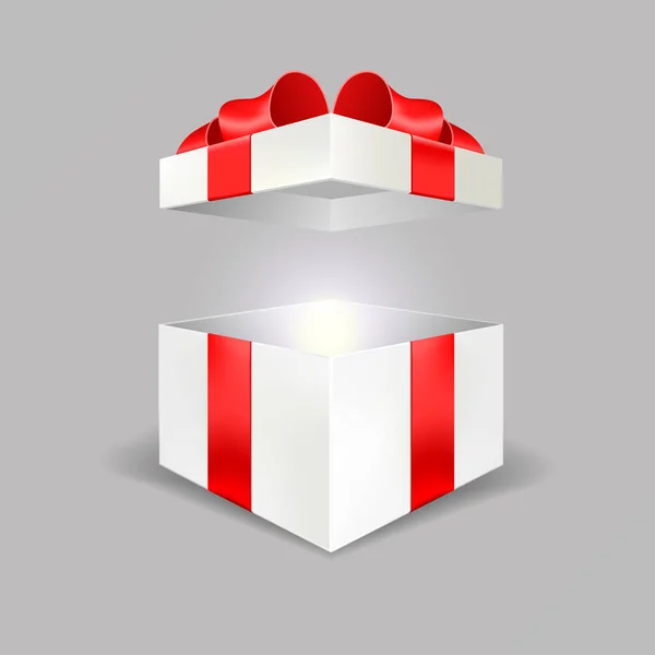 Opened White Gift Box Empty Angle Front View Red Bow — Stock Vector