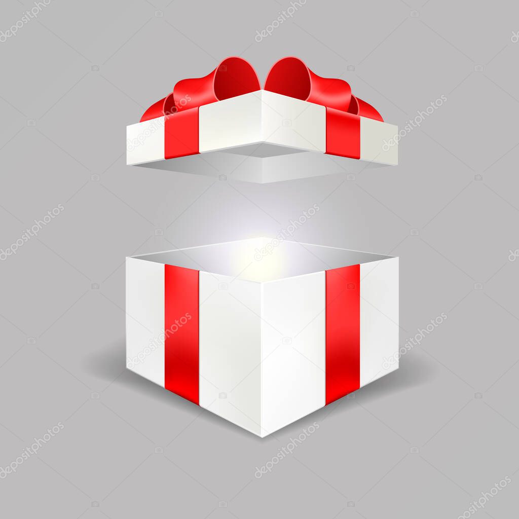 Opened white gift box empty angle front view 3D with red bow and lights isolated in gray background easy to replace for your design and logo. Realistic blank Package free gifts banner