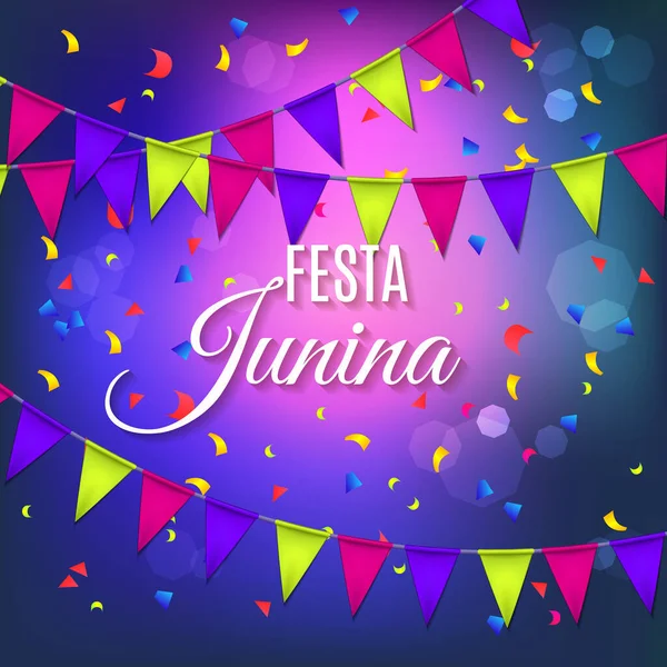 Fiesta Festa Junina Diseño Saludo Con Guirnalda Explosión Confeti Colores — Vector de stock