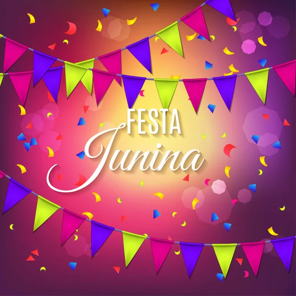 Fiesta Festa Junina Diseño Saludo Con Guirnalda Explosión Confeti Colores — Vector de stock