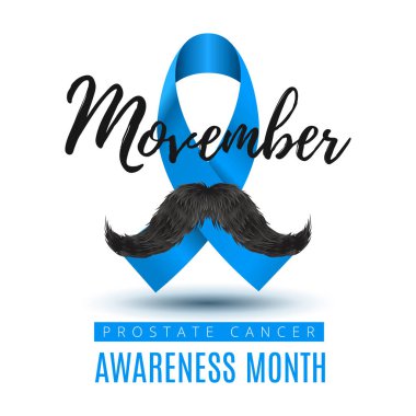 Vector Stock Template Prostate Cancer Movember Blue Awareness Ribbon with Mustache. Prostate cancer awareness November symbol, isolated on white background clipart