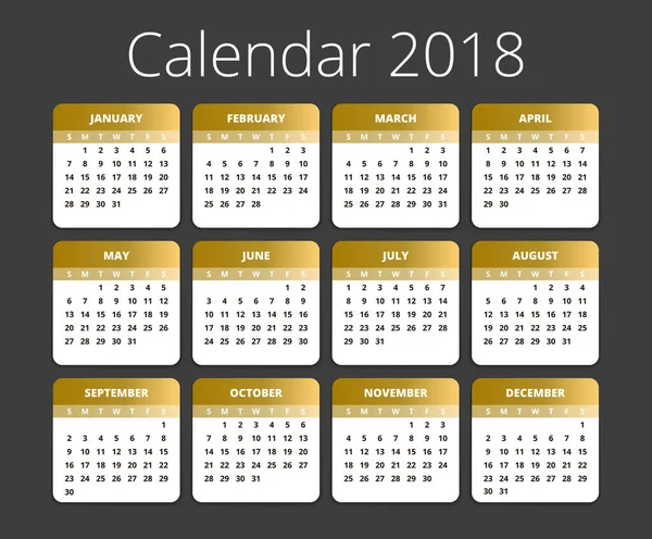 Kalender 2018 Print Gouden Zwarte Stijl Sjabloon Week Begint Zondag — Stockvector