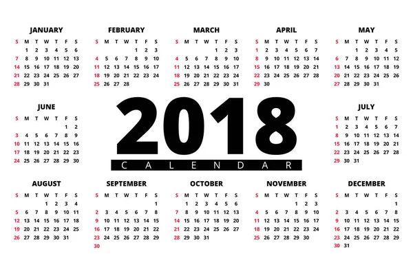 2018 Rok Kalendarz Poziomy Wzór Wektora Orientacji Albumu Siatce Kalendarza — Wektor stockowy