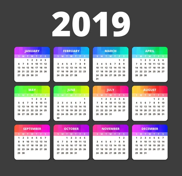 Kalender 2019 Farbig Farbige Vorlage Drucken Die Woche Beginnt Sonntag — Stockvektor