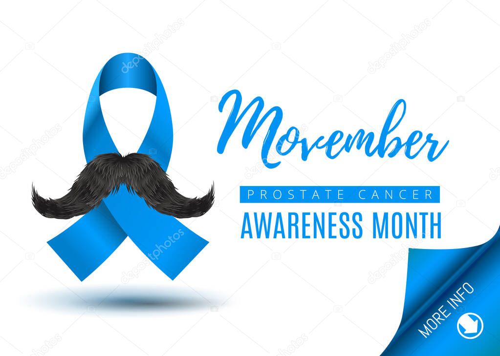Vector Stock Template Prostate Cancer Movember Blue Awareness Ribbon with Mustache. Prostate cancer awareness November symbol, isolated on white background with blue paper corner element. 
