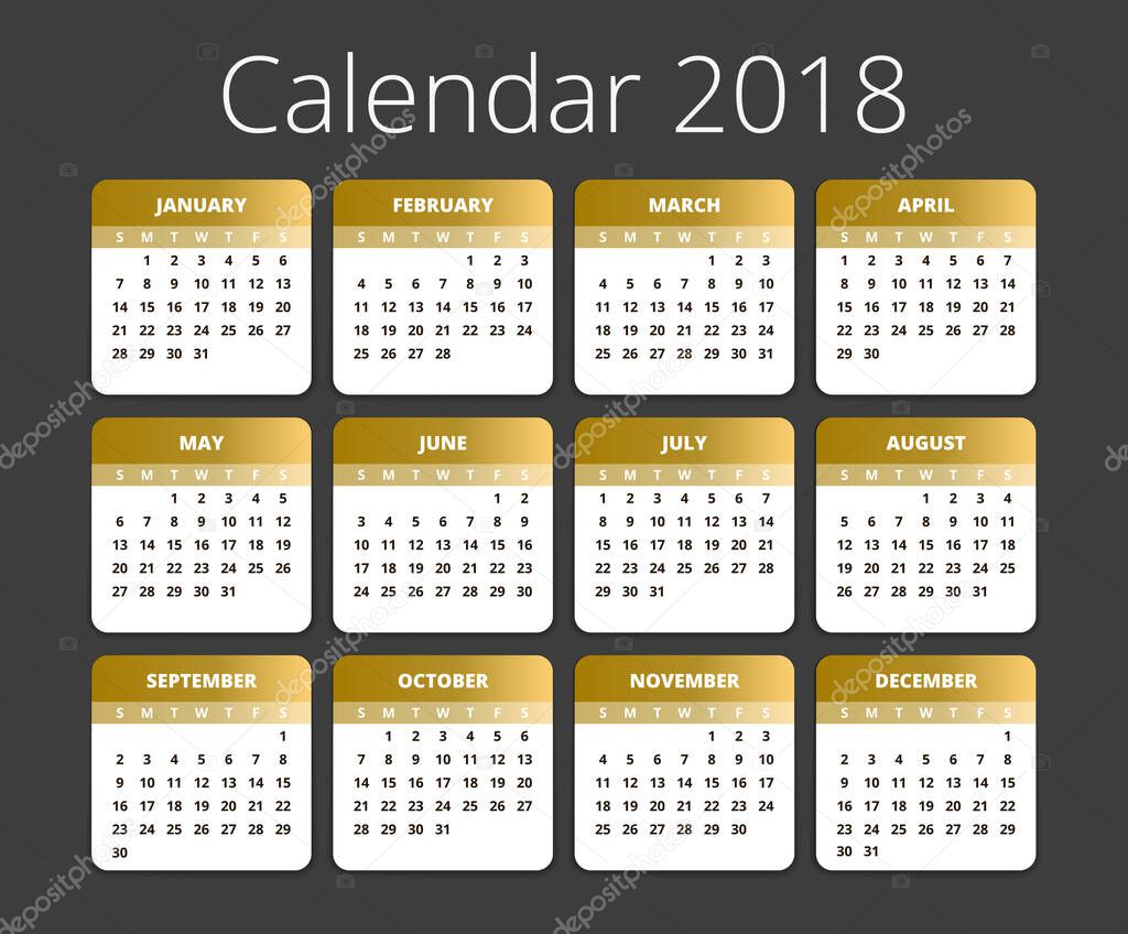 2018 Calendar. Print gold and black style Template. Week Starts Sunday. Vector illustration