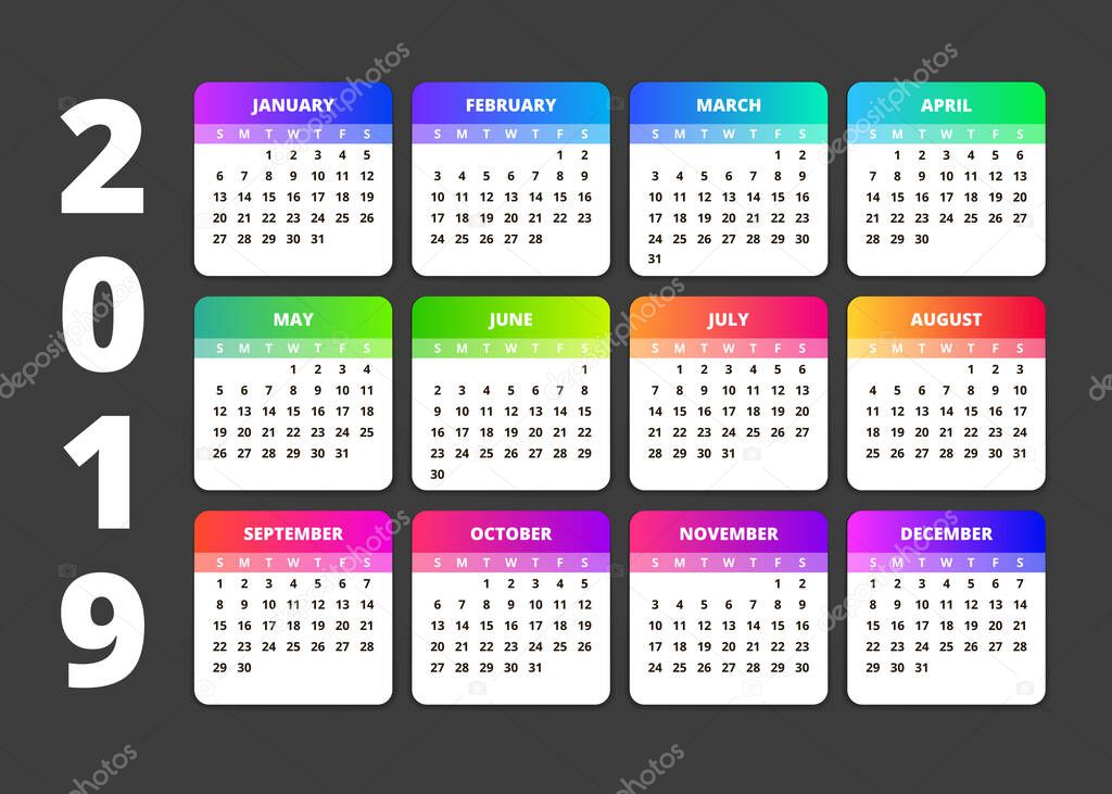 2019 Calendar colored . Happy new Year Print colored Template. Week Starts Sunday. Vector illustration