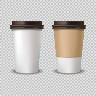 Boş etiketli beyaz kahve fincanı, plastik kahve kapları. Şeffaf bir arkaplanda izole bir model. Stok vektör illüstrasyonu.
