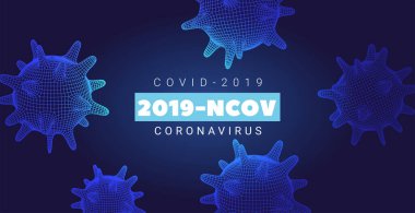 Coronavirus pankartı, bakterili koyu mavi arka plan, Corona Virüsü 'nün arkaplan hologramı, SARS-CoV-2. 2019-nCoV konsepti ve çokgen hücre örgüsü. 3D COVID-2019 elementleri. Vektör illüstrasyonu