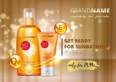 Güneş kremi reklamları şablonu, güneş kremi ve güneş kremi kozmetik ürünleri tasarlama losyonu ile Coenzym Q10 ve VIP altın arka planda E vitamini. SPF ve ultraviyole ışın koruması. vektör