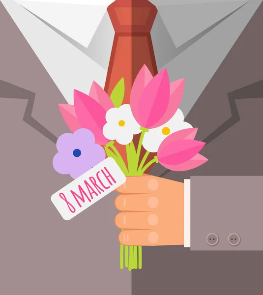 ハッピー国際女性デー 8行進はがき ピンクのチューリップと白の花の花束を持ち 花を与えるビジネスマンフラットデザインのお祝い ベクターイラスト — ストックベクタ