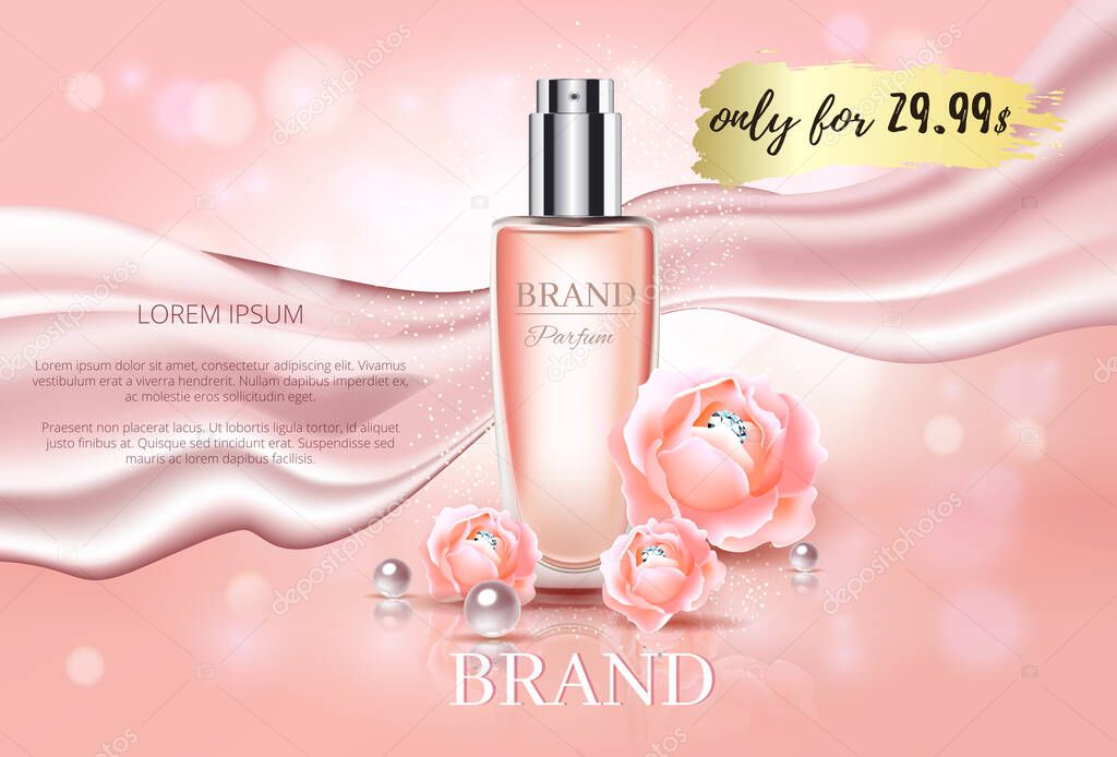 Premium Luxury cosmetic ads mock up, pink glass bottle with dynamic silk satin wind cloth elements with roses, pearls and diamonds isolated on soft bokeh background, 3d vector stock illustration