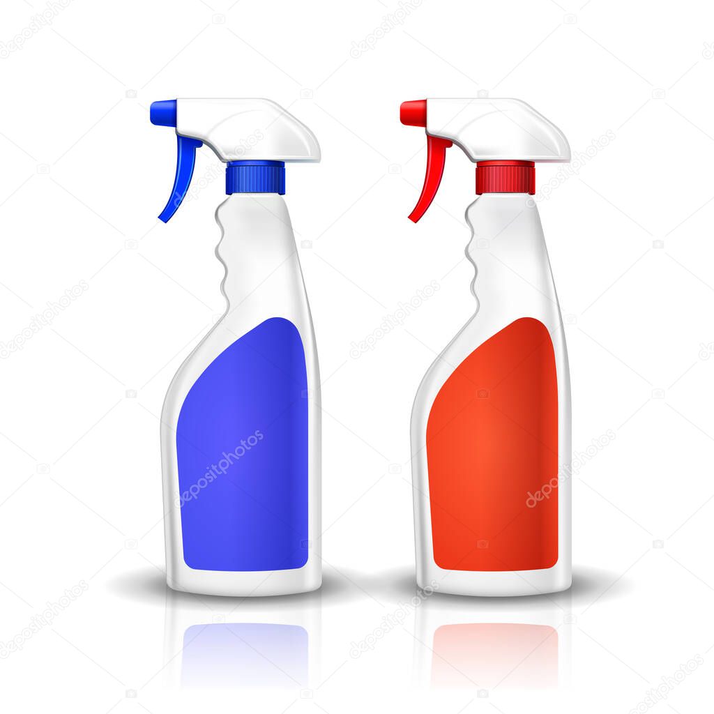 Colored Cleaner mockup, 3d red and blue cleaner spray bottle with blank label design isolated on white background. Household chemicals package. Realistic Vector illustration.