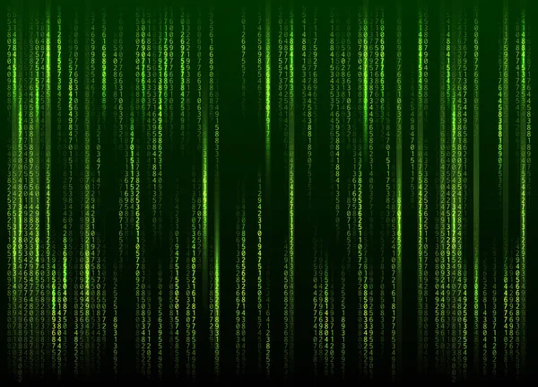 画面上のバイナリコードのストリーム 抽象的なベクトル背景 データと技術 復号化と暗号化 緑の記号と数字でコンピュータ行列の背景 ベクトルイラスト Eps — ストックベクタ