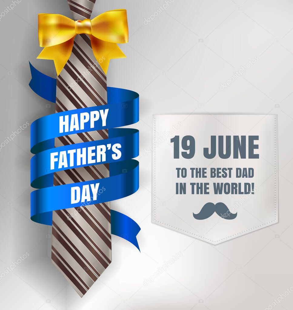 Happy Father's Day background template with man brown tie and white shirt with gold bow and blue ribbon for promotion banner, ads, flyers, invitation, posters, brochure, discount, sale offers. Vector