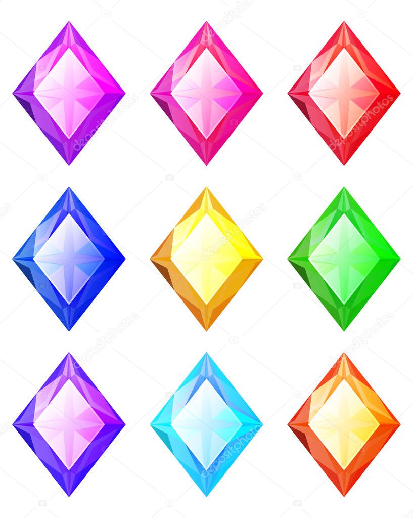 Set of cartoon rhombus different color crystals, rhinestones, gems, diamonds vector stock collection for game design isolated on white background. Gui elements, vector assets. Menu for mobile games