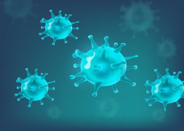 Enfekte olmuş organizmadaki virüsler, viral hastalık salgını. Enfeksiyon mavi mikro biyoloji hücresi, viral hastalık salgını, 3 boyutlu gerçekçi tıbbi çizim.