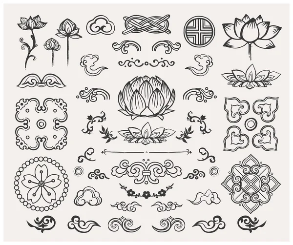 Set of hand drawn oriental elements. Black mandalas and lotus. Asian traditional design.