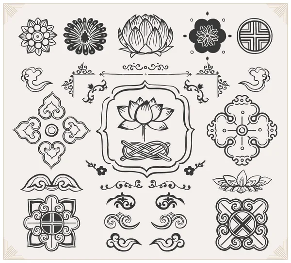 Set Hand Drawn Oriental Elements Black Mandalas Lotus Asian Traditional — Stock Photo, Image
