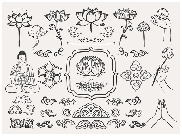 Східні Елементи Були Намальовані Вручну Чорні Мандали Лотос Азіатський Традиційний — стокове фото