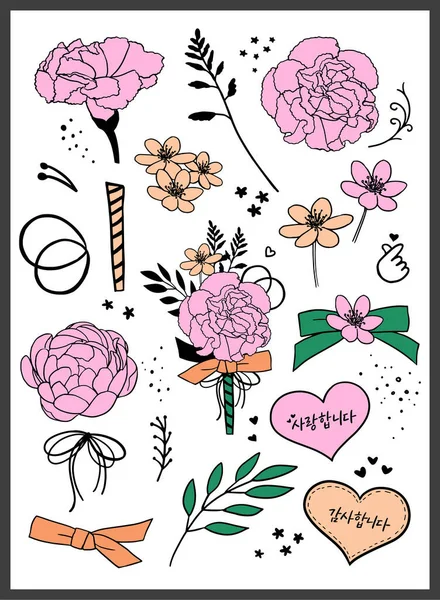 花束のセット 母の日 先生の日 赤ピンクの花 カーネーション 手描きベクトルイラスト — ストック写真