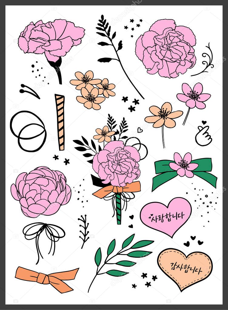 Set of bouquets. Mother's Day, Teacher's Day. Red, pink flowers. Carnation, peony. Hand draw vector illustrations.