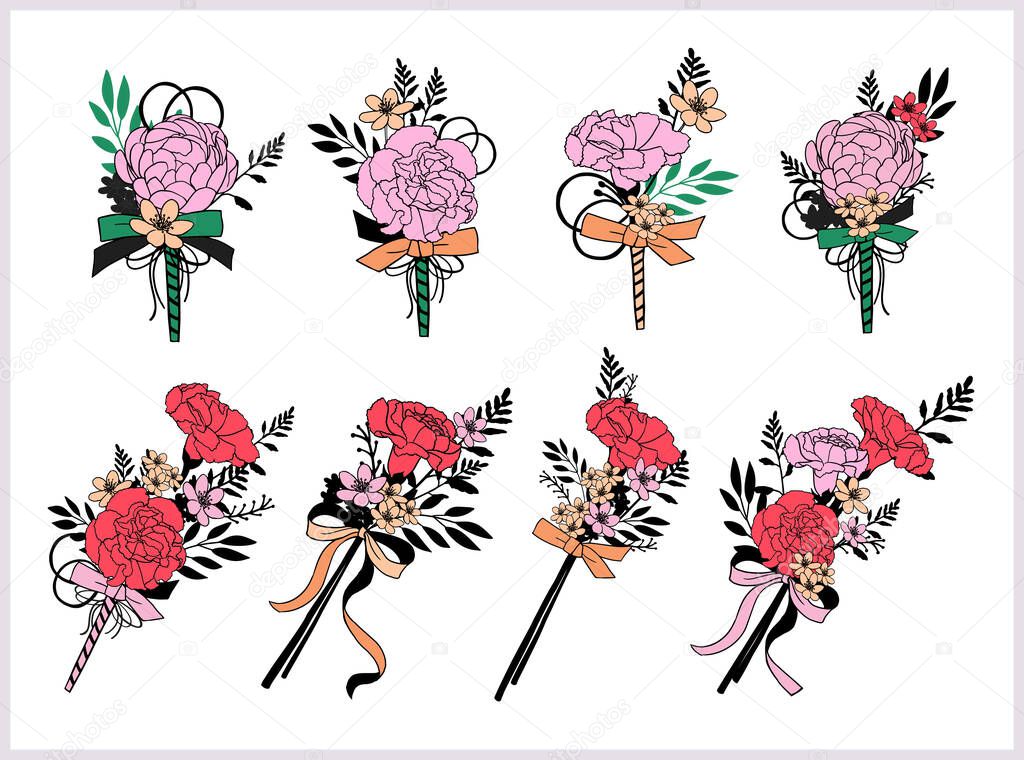 Set of bouquets. Red, pink flowers. Carnation, peony. Hand draw vector illustrations.