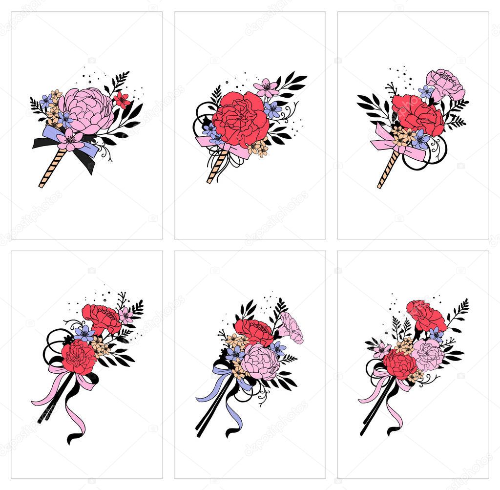 Set of bouquets. Red, pink flowers. Carnation, peony. Hand draw vector illustrations.