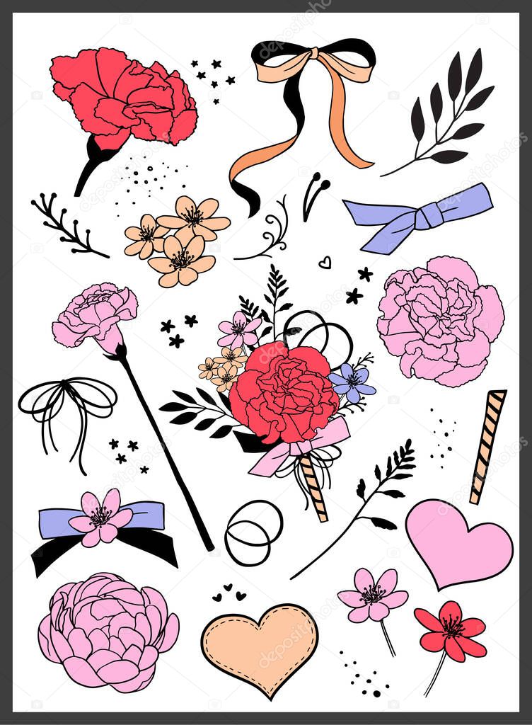 Set of bouquets. Red, pink flowers. Carnation, peony. Hand draw vector illustrations. 