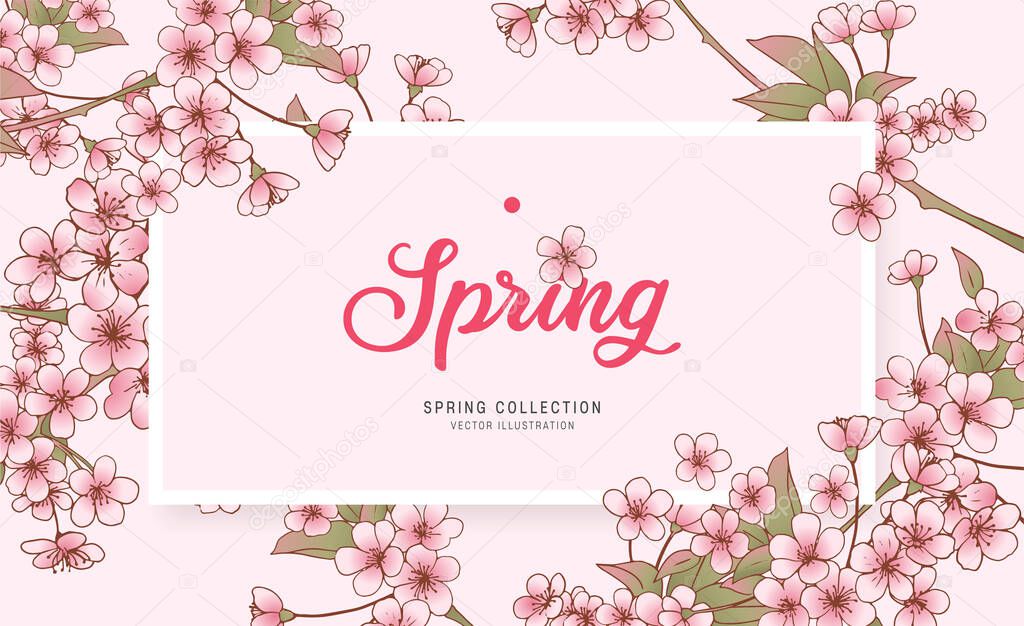 Floral Greeting Card, Cherry Blossom Illustration, Spring Flower Background / Poster / Banner. 