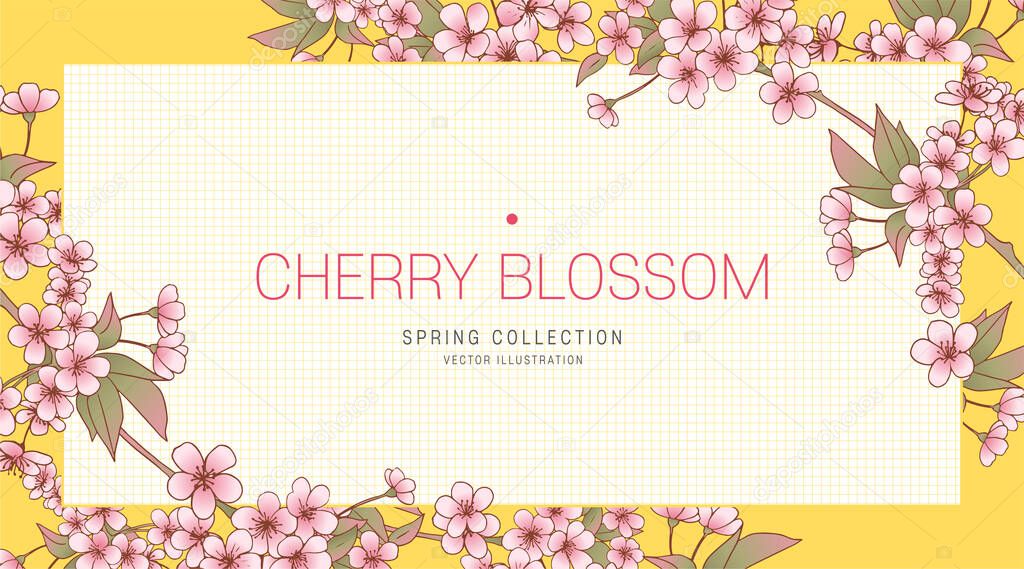 Floral Greeting Card, Cherry Blossom Illustration, Spring Flower Background / Poster / Banner. 