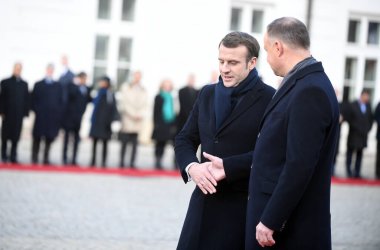 Varşova, Polonya. 3 Şubat 2020. Fransa Cumhurbaşkanı Emmanuel Macron, Polonya Cumhurbaşkanı Andrzej Duda 'yı 3 Şubat' ta Polonya 'nın Varşova kentindeki Cumhurbaşkanlığı Sarayı' nda ziyaret etti. Fotoğraf: Maciej Gillert