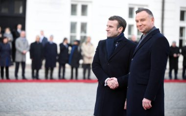 Varşova, Polonya. 3 Şubat 2020. Fransa Cumhurbaşkanı Emmanuel Macron, Polonya Cumhurbaşkanı Andrzej Duda 'yı 3 Şubat' ta Polonya 'nın Varşova kentindeki Cumhurbaşkanlığı Sarayı' nda ziyaret etti. Fotoğraf: Maciej Gillert